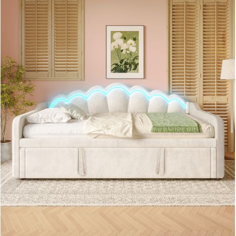 Cama nido tapizada con LED y diseño ondulado beige OKMYHOME (1/5)