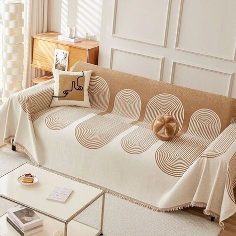 Wendbarer Sofabezug aus Chenille, Hundesofabezug, multifunktionaler Sofaschutz, geometrisches Linienmuster, rutschfest, mit Quaste, beige (1/3)