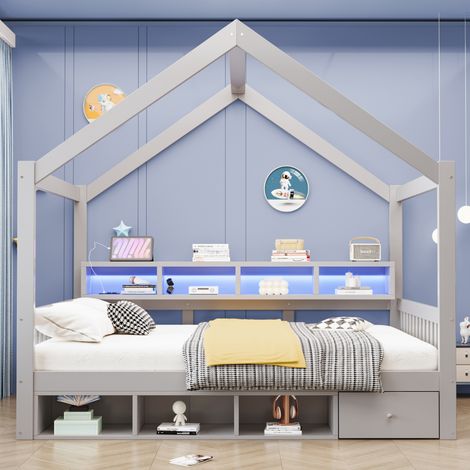 Lit Cabane Enfant 140x200 cm avec LED et Prises, doté de Tiroirs, d’Étagères et de Niches de Rangement, avec Barrières et Sommier à Lattes Inclus, en Bois - Gris (1/5)