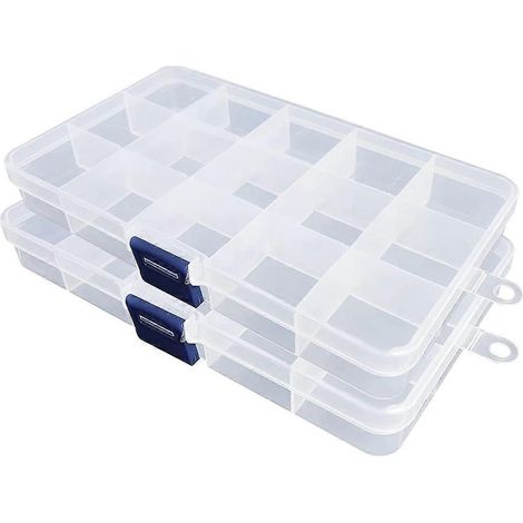 Boîte de rangement en plastique, lot de 2 boîtes de rangement transparentes pour perles, accessoires de bijouterie, boucles d'oreilles et autres créations (15 compartiments) (1/5)