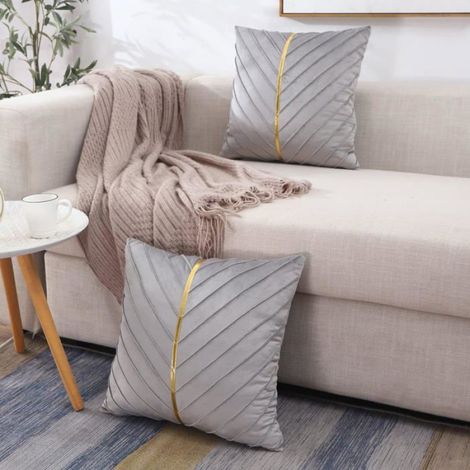 Taie Oreiller en Velours Gris 45x45cm Lot de 2, avec Cuir Doré Taie d'oreiller Décorative et Luxueuse pour Canapé, Salon (1/4)