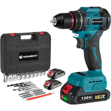 Taladro atornillador de impacto 18V, 21 velocidades regulables, taladro inalámbrico, caja con dos baterías y 24 accesorios