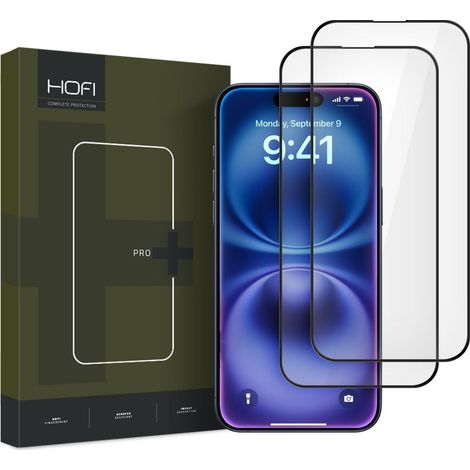 Protector de pantalla de vidrio templado Hofi Glass PRO+ (paquete de 2) para iPhone 16, color negro. (1/4)