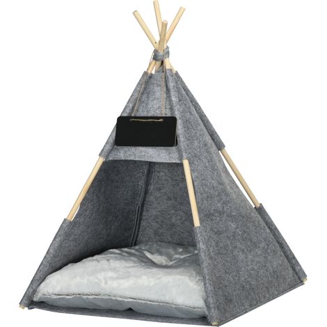 Tente lit pour chien chat coussin doux feutre peluche lavable gris 58x58x80 cm