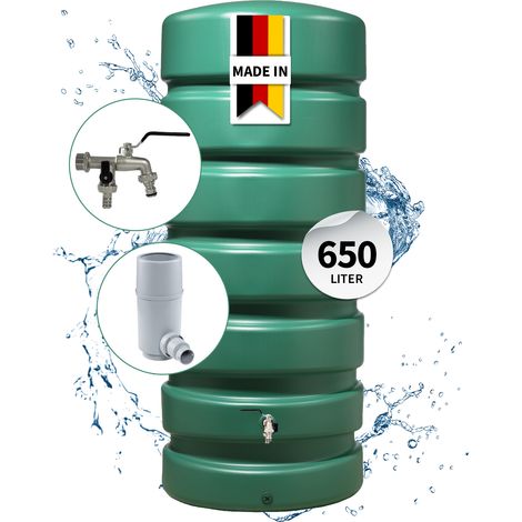 GARANTIA CLASSICO Regentonne Komplett-Set 650 Liter dunkelgrün inkl. Chrom-Doppelauslaufhahn und Fallrohranschluss (1/5)