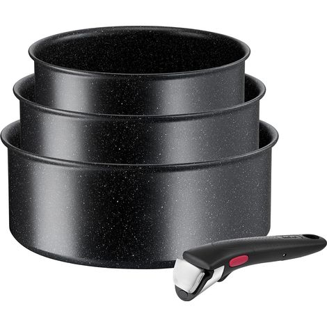 Tefal Ingenio Black Stone L39996 - Set di 4 casseruole, impilabili, rivestimento antiaderente, adatto a induzione, indicatore di temperatura del segnale termico, nero (1/4)