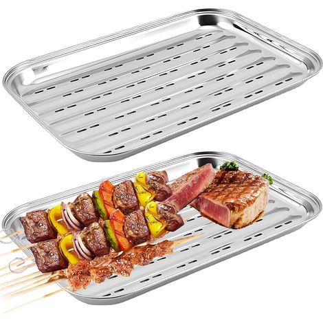 2 bandejas para barbacoa de acero inoxidable: 34,9 x 24,5 x 2,7 cm.Bandeja de cocción reutilizable, cesta para verduras, accesorio para asar verduras, pescado o carne. (1/5)