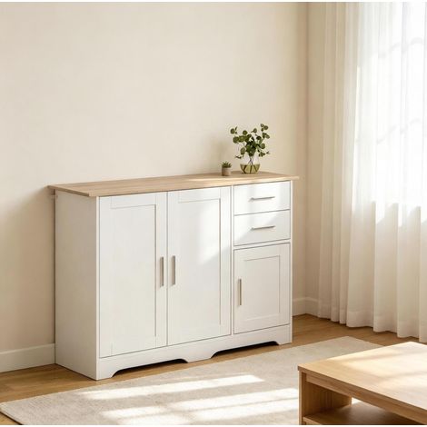 Credenza 100/40/78 cm bianca e legno naturale con 2 cassetti e ripiani regolabili (1/5)