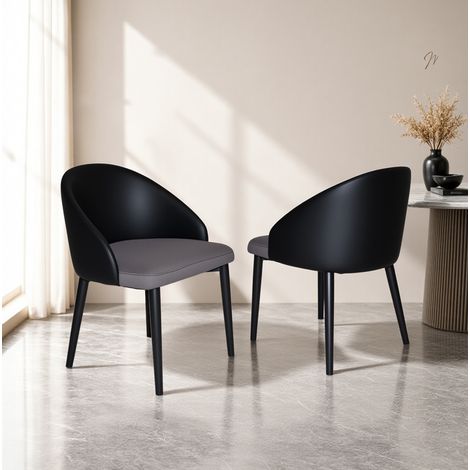 Juego de 2 sillas de comedor modernas con respaldo ergonómico de PU negro, asiento de malla gris y patas de acero gris (1/5)