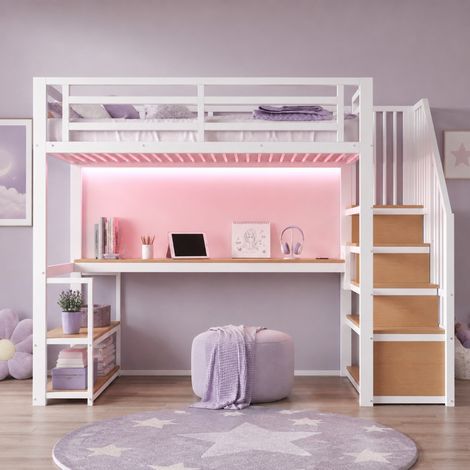Litera alta de metal 90x200 blanca con LED, escritorio, estantes y escalera almacenaje (1/5)