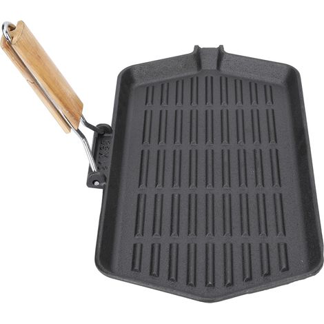 Poêle à steak pliable 21x35 cm, fonte avec manche en bois, antiadhésif sans revêtement, idéale pour cuire le bœuf, portable et pratique pour la cuisine occidentale. (1/5)