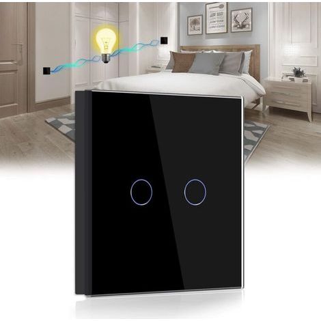 Interrupteur tactile va et vient 2 voies – Panneau en verre trempé noir – Installation sans fil neutre – Compatible ampoules LED et fluorescentes (1/5)