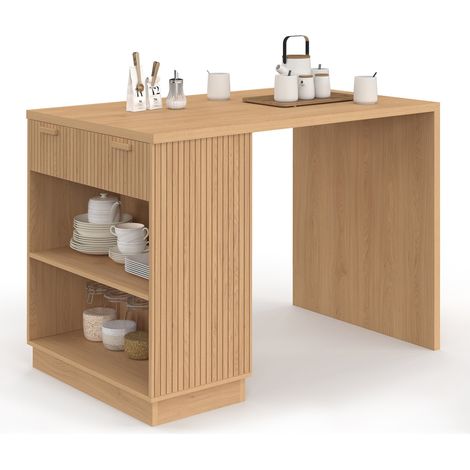 Idmarket – Îlot central mange-debout 4 personnes – Longueur 130 cm – Largeur 80 cm – Hauteur 90,5 cm – Structure en bois chêne – Rangement intégré