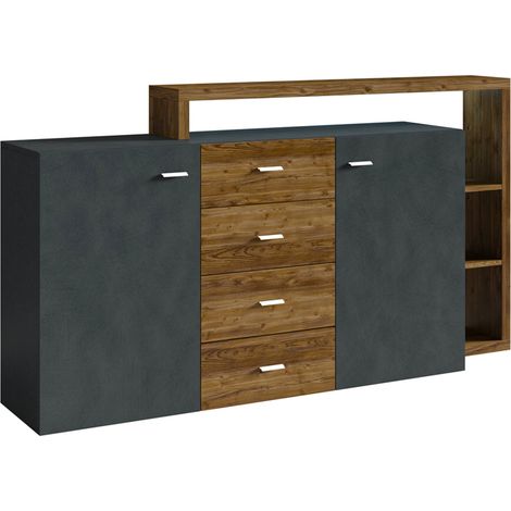 Credenza 2 ante 4 cassetti Ilyes Grigio e Legno (1/5)