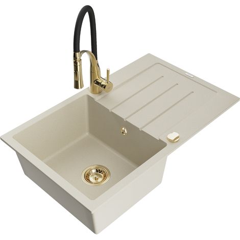 Mexen Bruno évier en granit 1 bac avec égouttoir et robinet de cuisine Aster, beige - 6513-69-73450-57-G (1/5)