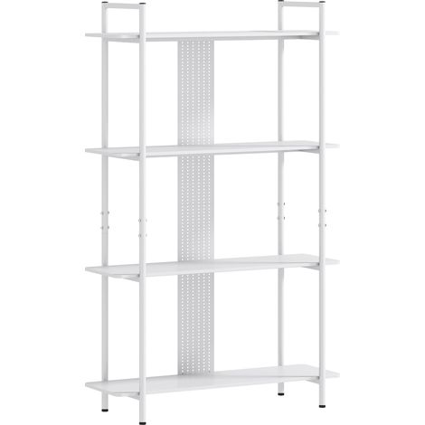 Bibliothèque à 4 niveaux avec panneau perforé et structure métallique, bibliothèque étroite pour chambre ou bureau, blanche (1/5)