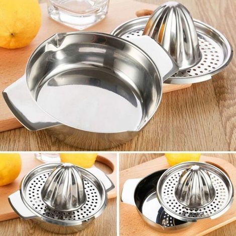 Presse-citron en acier inoxydable, presse-agrumes avec récipient pour oranges, citrons, fruits, jus faits maison dans la cuisine (1/4)