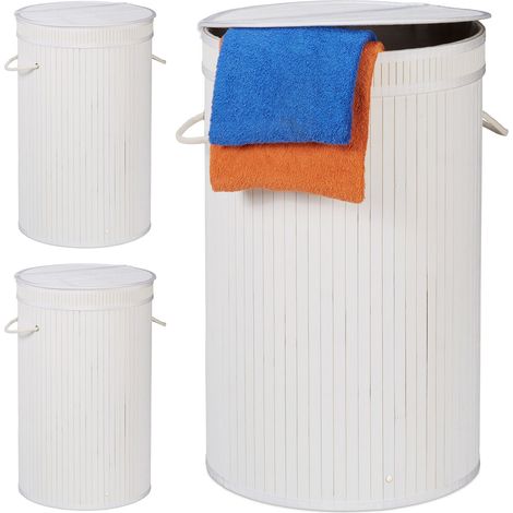Relaxdays 3x Bamboo Laundry Baskets, Round Hamper with Folding Lid, 65 l, Foldable Bin with Ventilation, Ø 40cm, White
