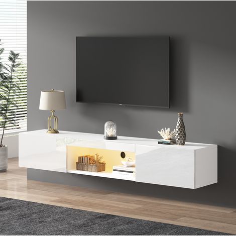 TV-Hängeschrank aus Spanplatte, Weiß Hochglanz, 160,0 x 31,0 x 22,0 cm, mit Stauraum, LED und Kabelmanagement (1/5)