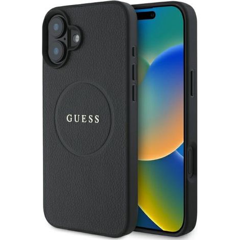 Coque rigide noire Guess GUHMP16SPGHSMMK pour iPhone 166,1 pouces, anneau doré grainé, compatible MagSafe (1/5)