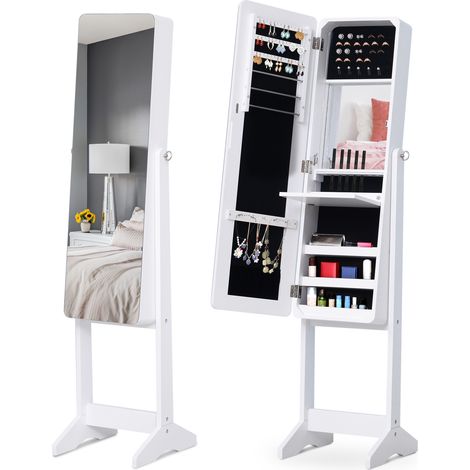 Armoire à bijoux avec miroirs à pied multi-rangements inclinaison réglable serrure éclairage LED intérieur dim. 30L x 36l x 146H cm blanc