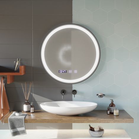 Miroir LED Desembuage Horloge et Temperature 90 Cadre Noir Brosse (1/5)