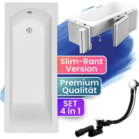 Badewanne Rechteck 140x70  mit Styroporverkleidung (Ablage 4cm), Ablauf & Füße GRATIS - Komplettset 4in1 Original Acryl Wanne - BADLAND SHEA SLIM (1/5)