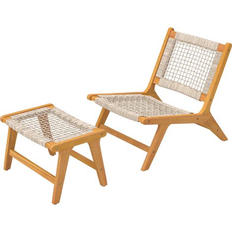 Fauteuil de jardin avec repose-pieds ensemble 2 pièces chaise longue extérieur bois acacia certifié FSC assise rotin pieds réglables