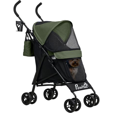 Poussette pour chiens à structure parapluie, vert foncé, poussette légère et portable avec sangle d’épaule, sac de rangement et porte-gobelet