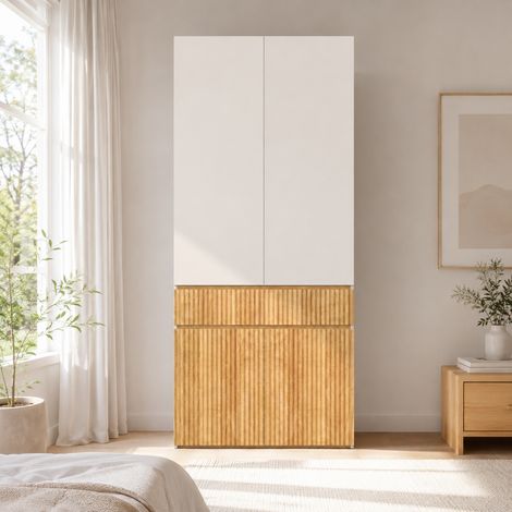 Armoire à portes battantes, 90 x 50 x 200 cm, avec 1 tringle, 1 tiroir et 4 portes, armoire haute moderne, pour chambre, entrée, chambre d'enfant ou bureau, chêne clair (1/5)