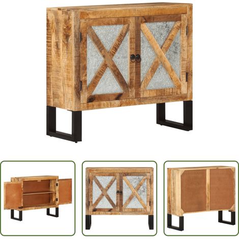 Rangement - Buffet 80x30x71 cm bois de manguier brut massif et métal (1/5)