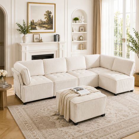 Sofá modular de 6 plazas 308/154 cm en pana beige con bolsillos laterales (1/5)