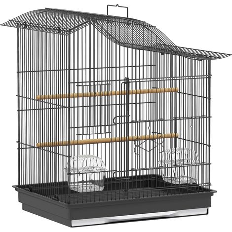 Gabbia per Uccelli a 4 Porte 47,5x36x54,5 cm con 2 Ciotole 2 Posatoi e Vassoio in Metallo e Plastica Nero (1/5)