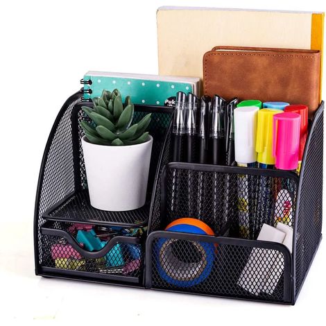 Organiseur de bureau en maille métallique, 6 compartiments de rangement, pour bureau, maison (noir)