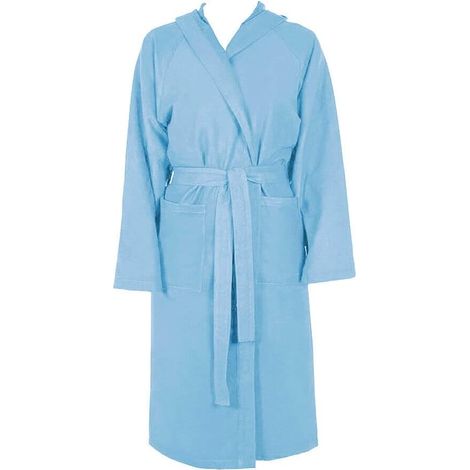 Peignoir Microfibre Moderne Couleur Unie Doux Homme Femme Ceinture Poches Capuche Bleu Clair - L
