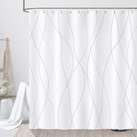 Rideau de Douche Rayures Modernes, Rideau de Baignoire Blanc Gris Rayé 180 x 180 cm Polyester Imperméable Résistant à la Moisissure 12 Crochets (1/5)