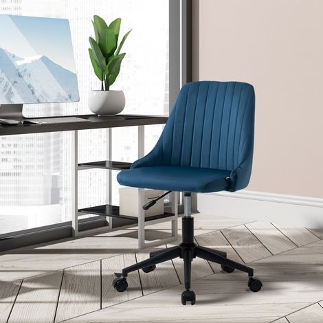 Bürostuhl aus blauem Samt mit verstellbarer Höhe, ergonomischer 360°-Drehstuhl mit Rollen, 50 x 58 x 77–87 cm (1/5)