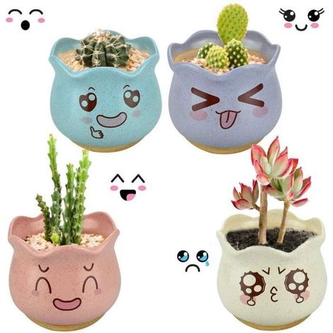 4 Pcs Pot de Fleur en Céramique Blanc Bleu Rose Jaune avec 4 Pcs Plateau en Bambou Cache Pot Ronde Petite Jardinière Mignon pour (1/4)