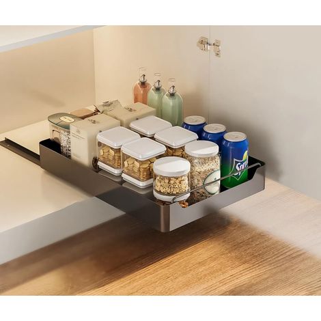 Tiroir télescopique, Étagères de rangement extensibles pour tiroirs coulissants de placards de cuisine avec film adhésif, Tiroir coulissant 43X30X7cm, Noir (1/5)