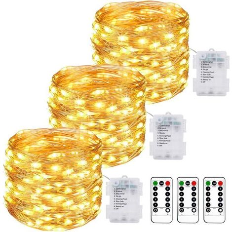 Lot de 3 Guirlande Lumineuse a Pile, 10M 100LED Guirlande Led à Pile avec Télécommande 8 Modes Fonction Minuterie IP65 Etanche Fil Lumineux Décoration Intérieur Extérieur Chambre Noël Mariage Jardin [