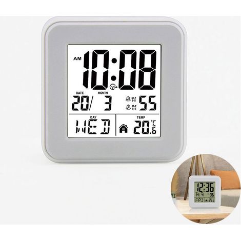Horloge réveil numérique radio-pilotée DCF avec affichage température intérieure, date et fonction snooze, grand écran lisible pour salon, bureau et chambre – blanc (1/5)