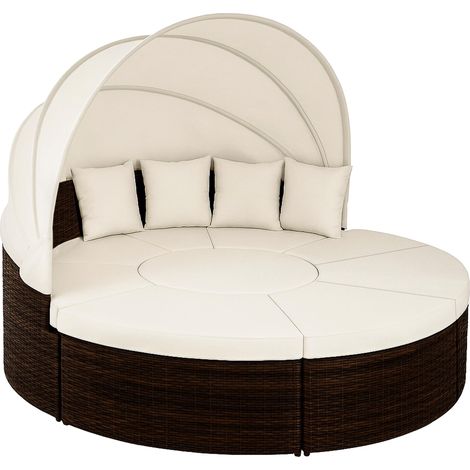 Deuba Tumbona cama isla 230cm techo plegable cojines asientos sofá doble redonda XXL poliratán jardín terraza patio Marrón (1/8)