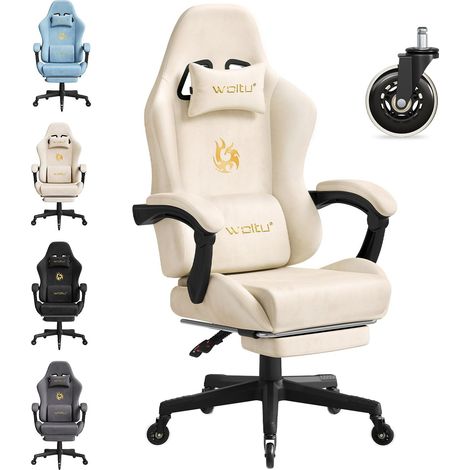 WOLTU Silla gaming - Silla gaming - Silla ergonómica de oficina - Altura regulable - Soporte lumbar y reposapiés - Crema