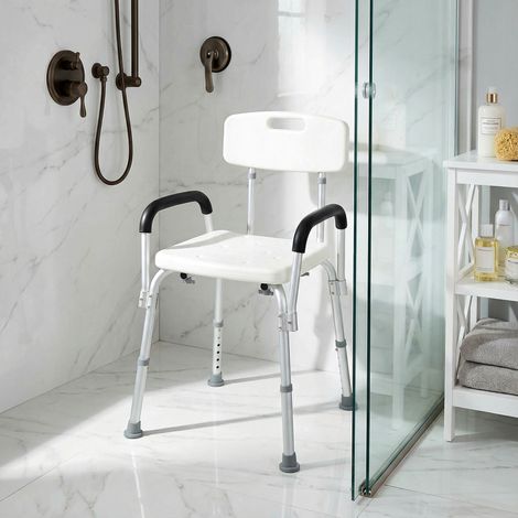 Chaise de douche pour seniors avec dossier, hauteur réglable, antidérapante et accoudoirs, capacité de charge 136 kg (1/5)