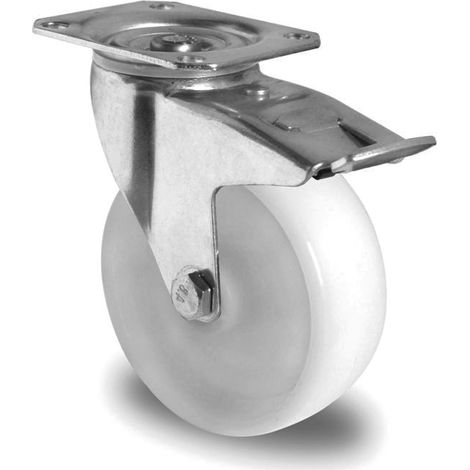 Roue industrielle en polypropylène blanche avec frein et plaque de pivot (1/2)