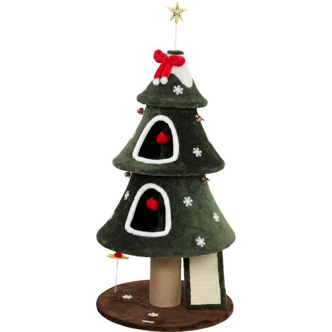 PawHut Albero Tiragraffi Natalizio con 2 Cucce, Pali in Juta, Verde (1/5)