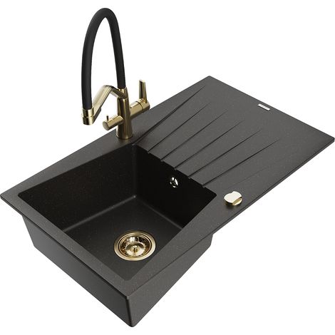 Mexen Cesar lavello in granito a 1 vasca con scolapiatti e miscelatore Duo, nero/oro metallizzato - 6514-75-671701-57-G (1/5)