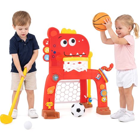 Panier de Basket Enfant 4 en 1 Design Dinosaure Dès 1 An But de Football et Jouet Montessori, Hauteur Réglable 62-70 cm, Mini-Golf, Jeu d'Anneaux