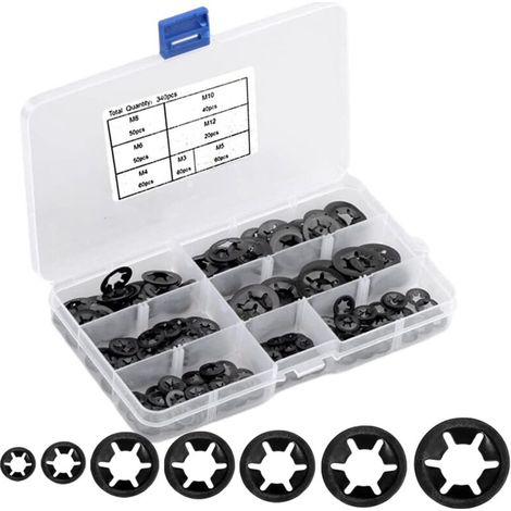 AMXCNOY Packung mit 340 Sicherungsscheiben M3/M4/M5/M6/M8/M10/M12 mit Starlock-Box, Innenverzahnung, Klemmscheiben, Sicherheitsscheiben, sortiert schwarz (1/4)