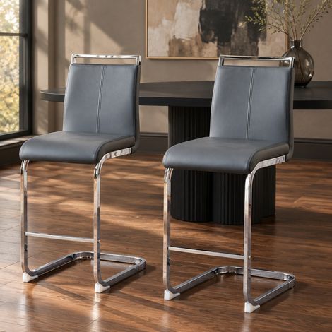 Taburetes de bar 2 uds en PU gris oscuro con respaldo y patas metálicas plateadas DESVIAE (1/5)